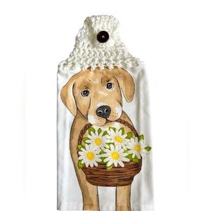 Hand Crafted Hanging Kitchen Hand Towel Dog and Flowers Colorful Crochet Top